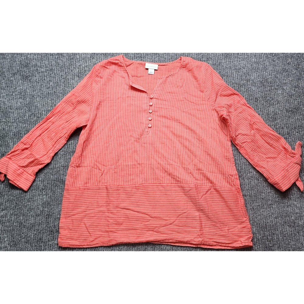Liz Claiborne Coral Striped Cotton Gauze Henley Tunic Top Orange Large